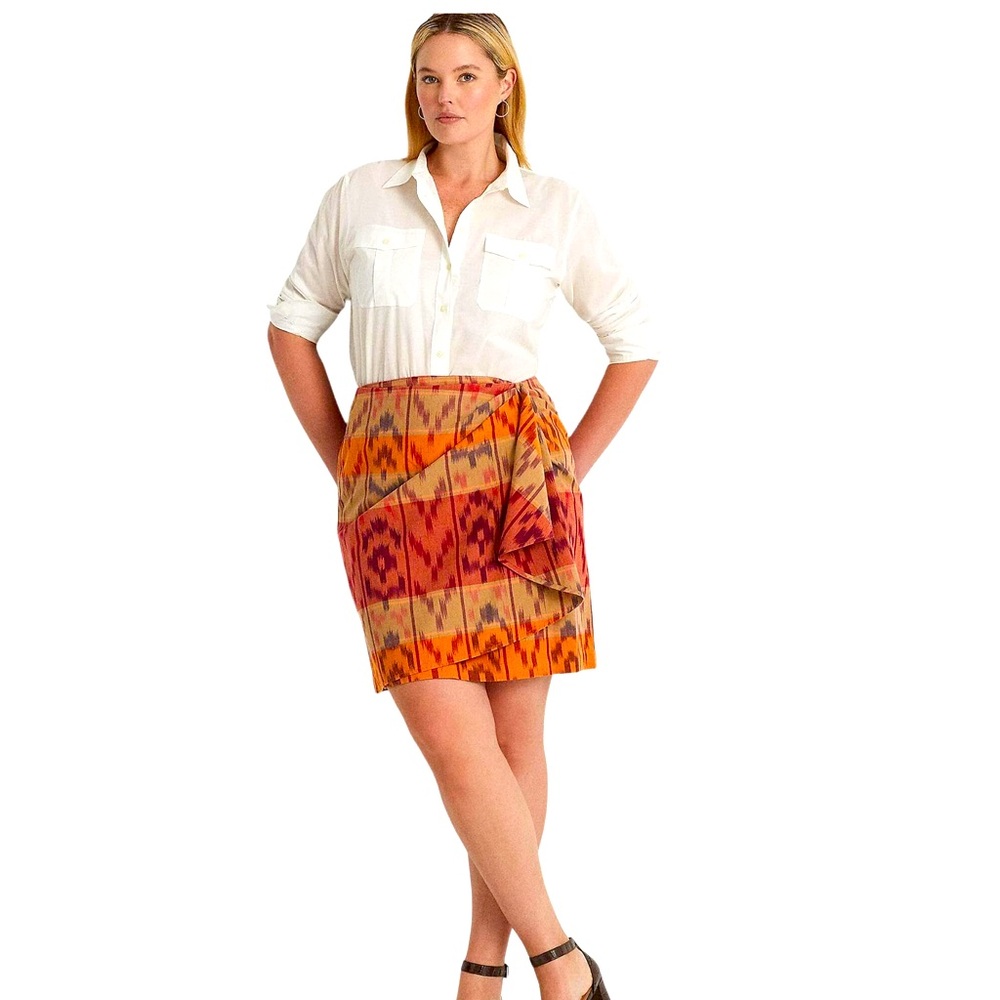NWT Lauren Ralph Lauren Southwestern Motif Cotton Linen Wrap Skirt‎ Size 14